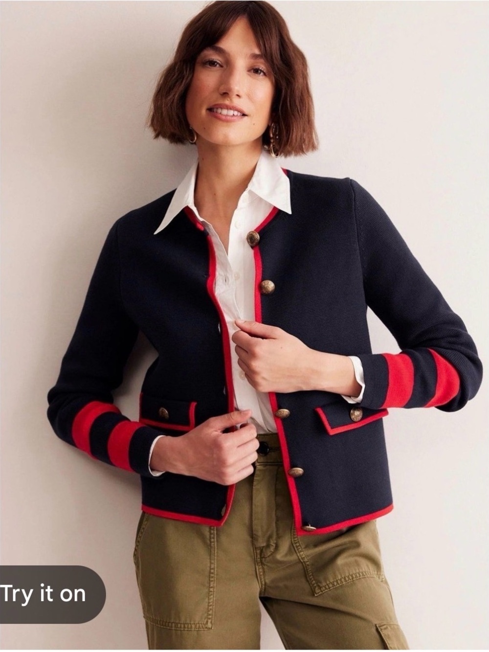 Boden Holly Knitted Cardigan Jacket Navy Red RARE Buttons Piping
